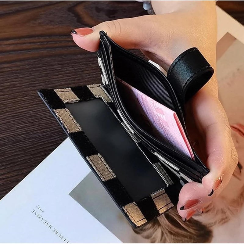 TURBOOST Cute Slim Card Holder Canvas Front Pocket Checkered Wallet, Small Credit Card Case for Women (Black) - Image 4